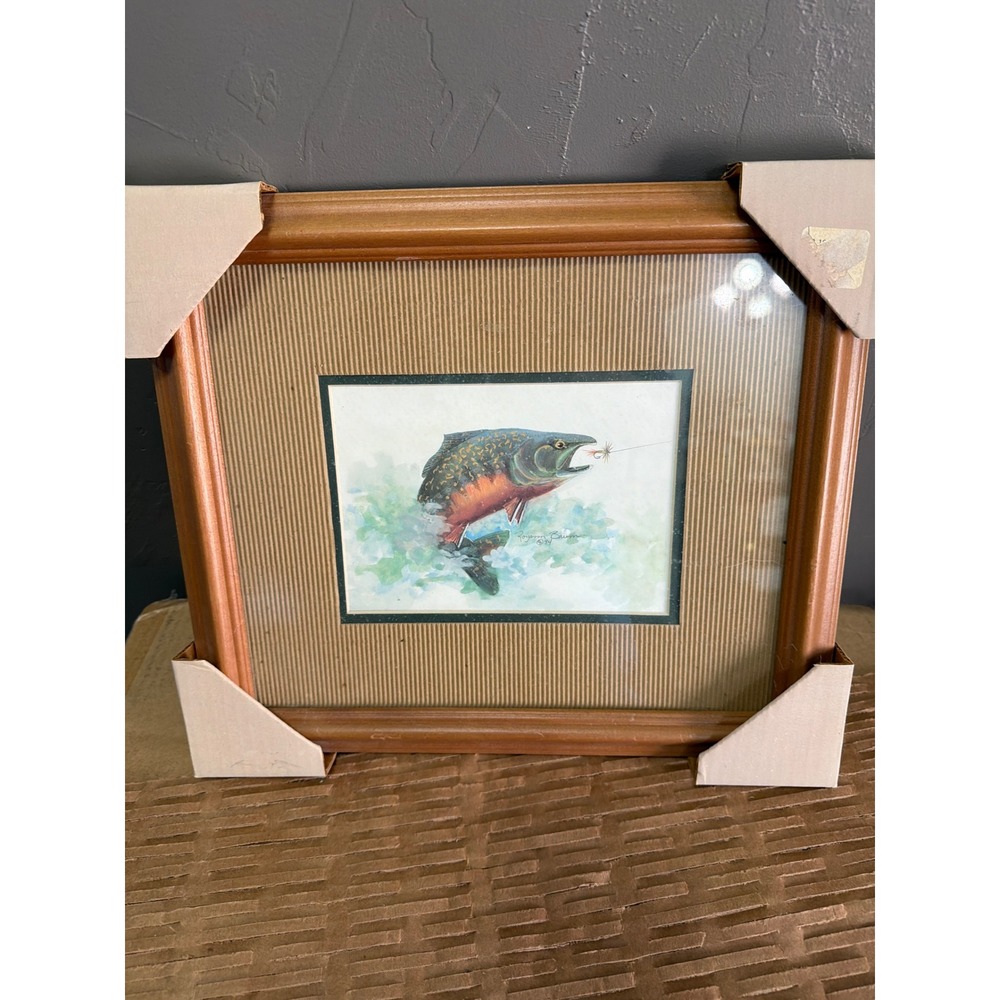 Roxann Baum 1994 Trout Fly Fishing Watercolor Art Print Framed 17.5x14.5